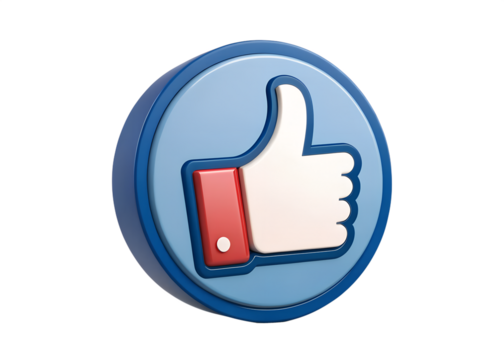 Close up 3d render of a blue circular button with a white thumbs up icon and red sleeve isolated on transparent background