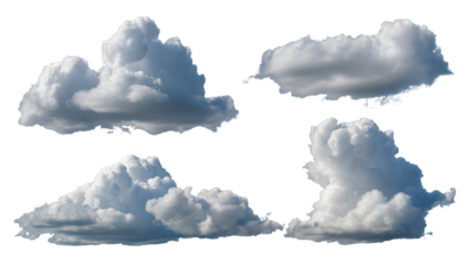 Fluffy clouds float serenely, their voluminous forms creating dynamic composition.  Isolated on transparent background, png