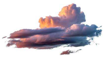 Dramatic clouds with warm sunlight reflecting, depicting a scenic skyscape of weather phenomenon. Isolated on transparent background, png