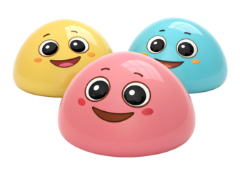 Three cute cartoon egg shaped characters with happy faces and rosy cheeks isolated on transparent background