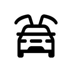 A minimalist depiction of a car with open doors viewed from the front in a simple black and white design