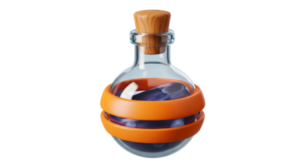 3d icon of potion bottle with cork isolated on transparent background, containing a mysterious liquid for magical purposes
