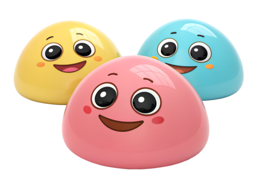 Three cute cartoon egg shaped characters with happy faces and rosy cheeks isolated on transparent background