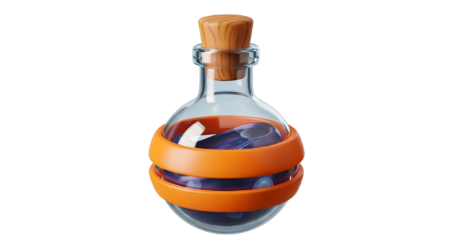 3d icon of potion bottle with cork isolated on transparent background, containing a mysterious liquid for magical purposes