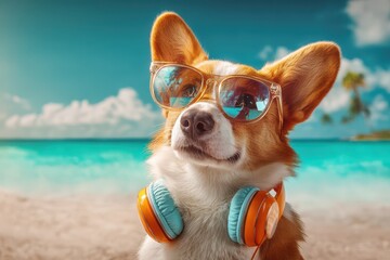 Corgi With Glasses. Dog Wearing Sunglasses and Earphones on Exotic Paradise Island with 80s Vibe