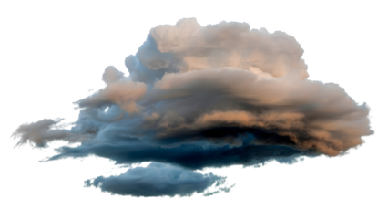 Dramatic clouds fill the sky, their fluffy forms illuminated by the sun, showcasing natures power and beauty.  Isolated on transparent background, png