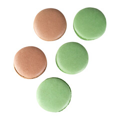 Set of pastel macarons isolated on transparent background, top view.