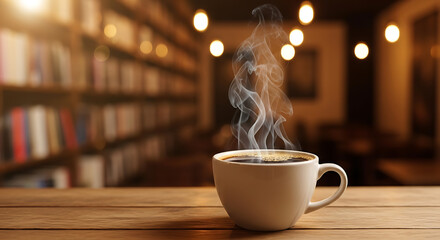 Steaming coffee cup on wooden table in cozy library setting
