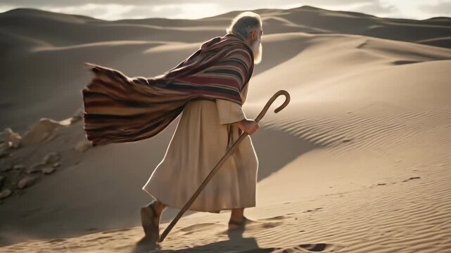 Old man with staff walking on sand dunes. Moses leading people with a prophet concept. Exodus in biblical times footage.