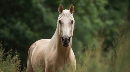Obraz premium Cremello Horse. Emotionally Captivating Portrait of a Free Akhal-Teke Stallion on Green Grass