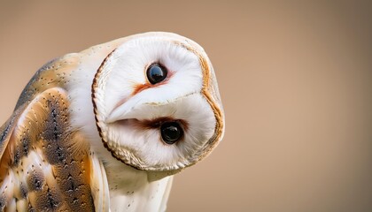 A barn owl tilts its head curiously while staring directly at the camera against a plain background