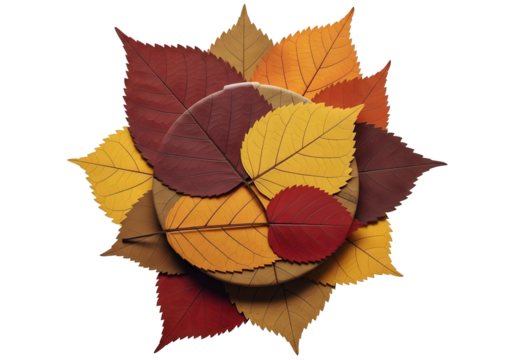 Autumn leaves mandala arrangement isolated on transparent background