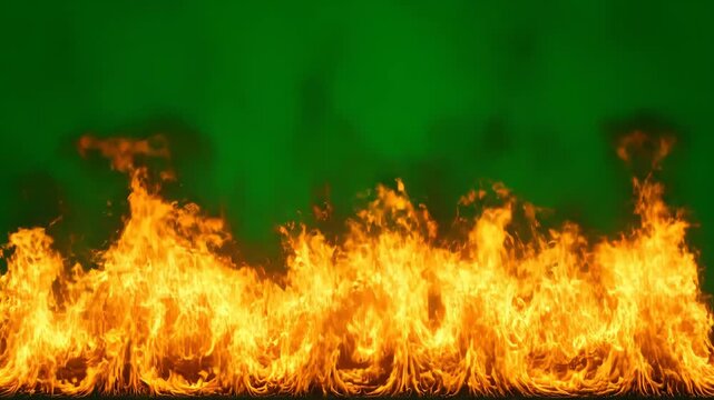 A wide, low angle shot of a wall of fire burning intensely against a vibrant green screen background, with smoke rising