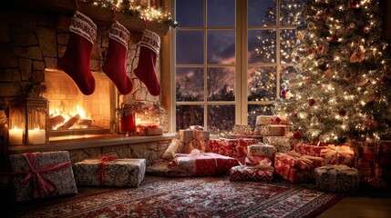 Cozy Christmas Living Room with Stockings and Decorated Tree