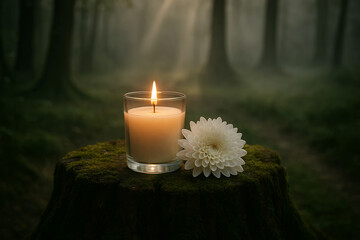 All Saints Day Candle and White Chrysanthemum in Forest Clearing