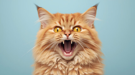Ginger cat expressing ferocious emotion, mouth wide open in a roaring expression, displaying sharp teeth, perfect for pet food ads and funny animal memes
