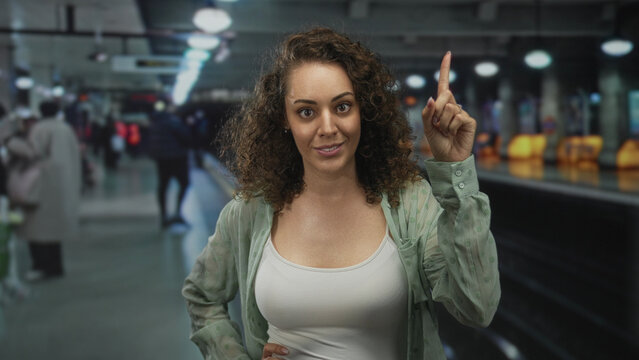 Woman points finger up at platform inside train station building while smiling and standing with hand on hip; confidence reminder.