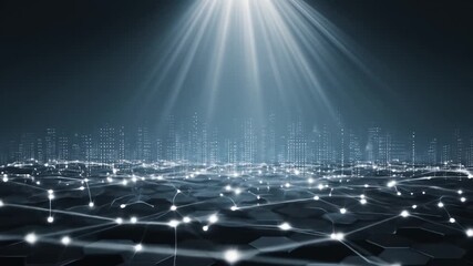 Abstract digital network futuristic cityscape with glowing lines and connection - Powered by Adobe