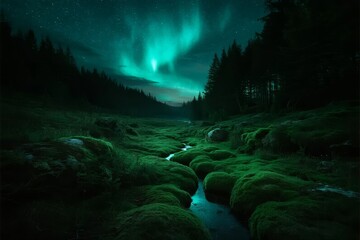 Aurora borealis illuminates a moss-covered forest stream at night