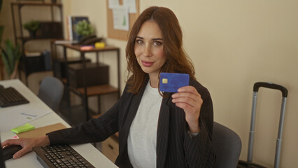 Hispanic woman holding a credit card in an office setting, showcasing business attire while sitting at a workstation, emphasizing professional and financial themes indoors.