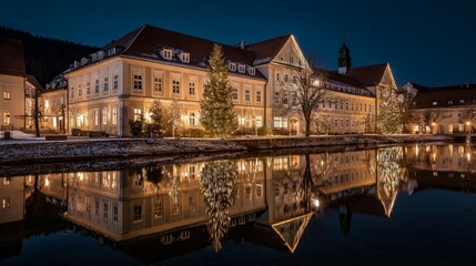 Fototapeta premium Serene Night View of Historical Building by Reflected Water Surface