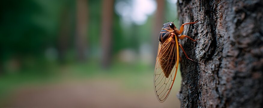 The cicada clinging to the tree trunk feels fragile yet fiercely alive outdoors