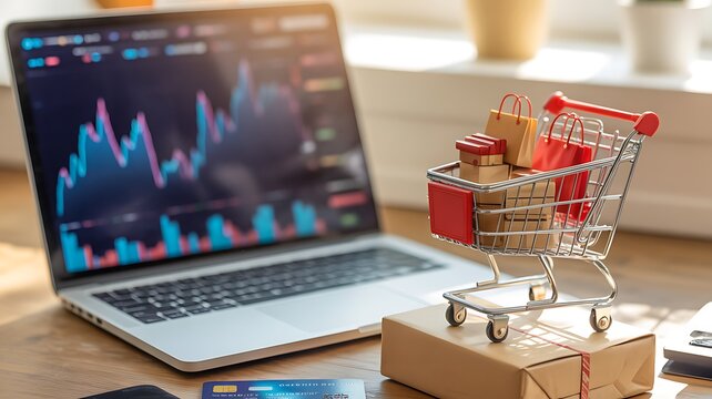 Ecommerce and stock market analysis represented by a laptop screen showing a financial graph, alongside a miniature shopping cart filled with purchases - Powered by Adobe
