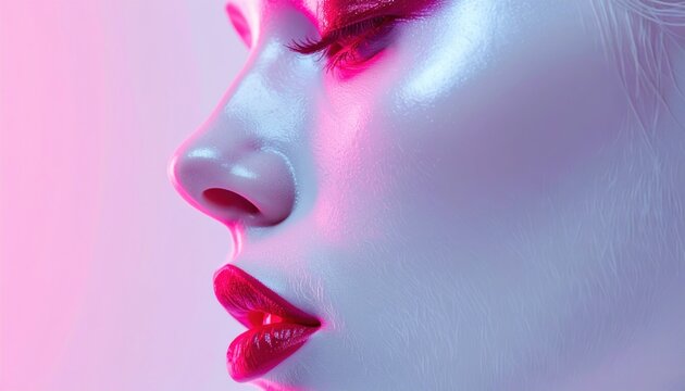 Close-up side profile of a digital woman in neon pink light showcasing futuristic fashion, beauty AI trends, and virtual influencer concepts