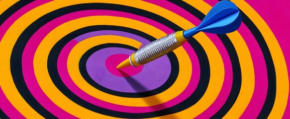 The dart hits the center of a brightly colored vibrant target.