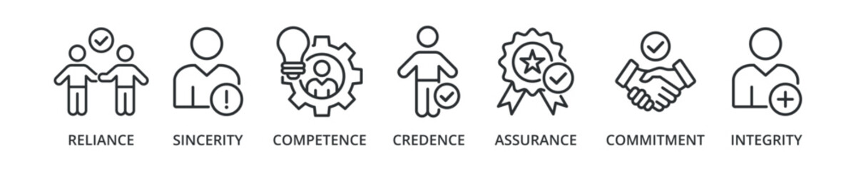 Trust banner icon with reliance, sincerity, competence, credence, assurance, commitment, integrity