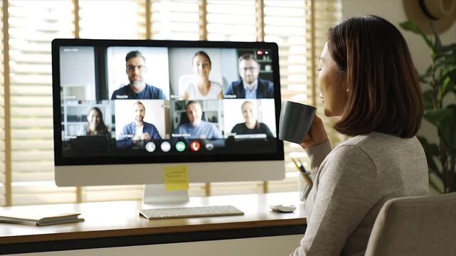 Focused businesswoman attending a remote video conference call from her home office engaging in a virtual team meeting on a desktop computer demonstrating moder