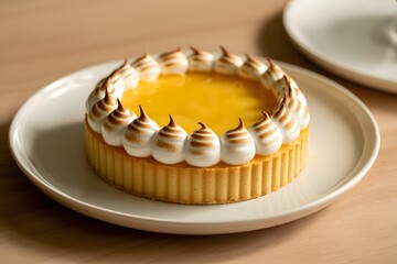 Gourmet Whole Lemon Meringue Tart on a White Plate with Torched Meringue Peaks and Golden Crust, Photographed with Natural Sunlight Creating Strong Shadows on a Wooden Table