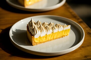  Bright Slice of Lemon Meringue Tart or Pie with Fluffy Torched Meringue Peaks on a White Plate, Featuring a Golden Yellow Lemon Curd Filling and Shortbread Crust on a Wooden Table