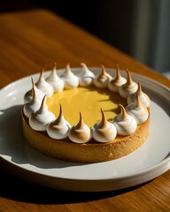 Gourmet Whole Lemon Meringue Tart on a White Plate with Torched Meringue Peaks and Golden Crust, Photographed with Natural Sunlight Creating Strong Shadows on a Wooden Table