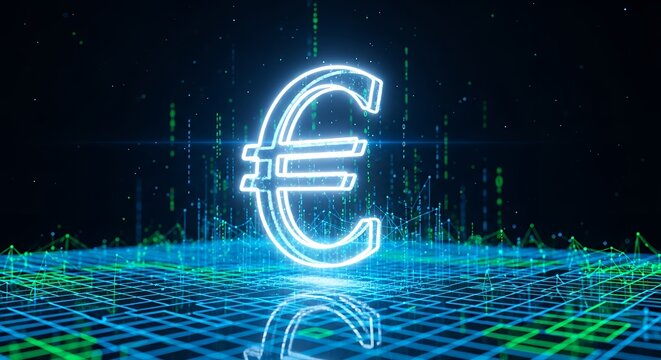 Glowing euro symbol on futuristic digital background representing European finance technology - Powered by Adobe