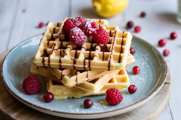 Golden Belgian Waffles Stacked with Chocolate Drizzle, Fresh Raspberries, and Powdered Sugar on a Plate, Garnished with Cranberries and Lemon Halves on Rustic Wooden Background for Breakfast, Dessert