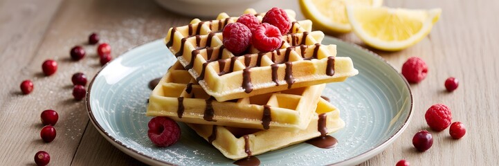 Golden Belgian Waffles Stacked with Chocolate Drizzle, Fresh Raspberries, and Powdered Sugar on a Plate, Garnished with Cranberries and Lemon Halves on Rustic Wooden Background for Breakfast, Dessert