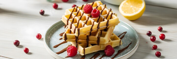 Golden Belgian Waffles Stacked with Chocolate Drizzle, Fresh Raspberries, and Powdered Sugar on a Plate, Garnished with Cranberries and Lemon Halves on Rustic Wooden Background for Breakfast, Dessert