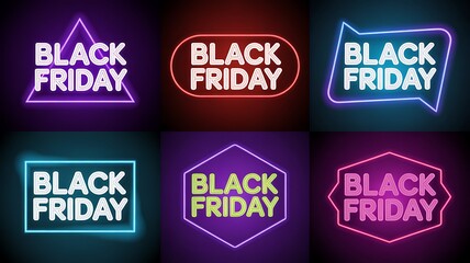 Collection of six neon signs with the text black friday in various shapes and colors, set against a dark background, representing shopping and sales