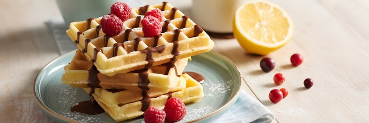 Golden Belgian Waffles Stacked with Chocolate Drizzle, Fresh Raspberries, and Powdered Sugar on a Plate, Garnished with Cranberries and Lemon Halves on Rustic Wooden Background for Breakfast, Dessert