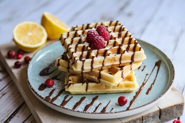 Golden Belgian Waffles Stacked with Chocolate Drizzle, Fresh Raspberries, and Powdered Sugar on a Plate, Garnished with Cranberries and Lemon Halves on Rustic Wooden Background for Breakfast, Dessert