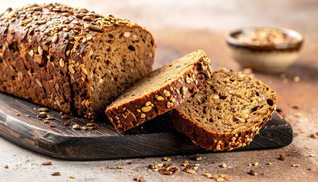 A partially sliced multigrain bread loaf on a dark wooden cutting board