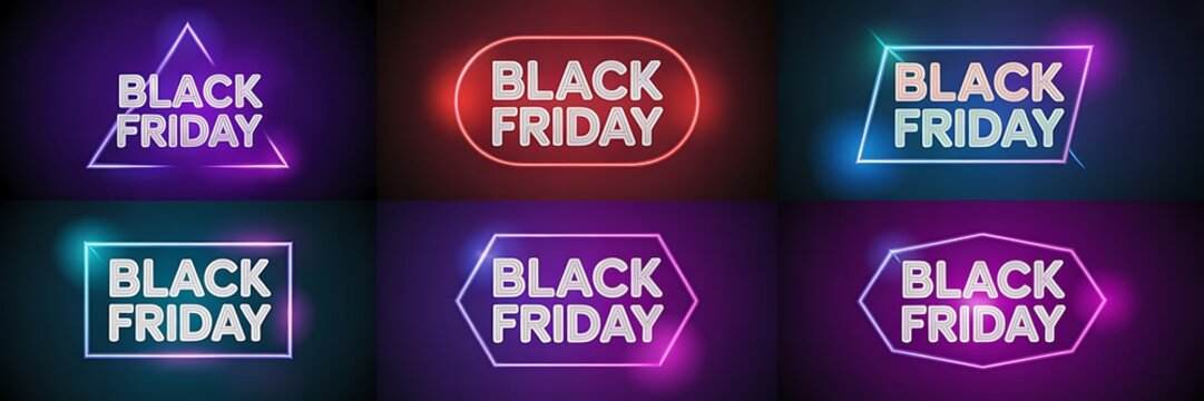 Diverse neon black friday signs in geometric and speech bubble shapes, glowing in vibrant colors like blue, red, purple, and green on a dark backdrop