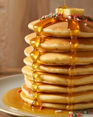  Delicious Stack of Fluffy Pancakes Drenched in Golden Maple Syrup with Festive Red and Green Sprinkles, Isolated on a White Background for Breakfast, Brunch, or Holiday Food Concepts