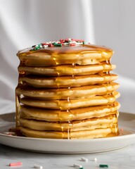  Delicious Stack of Fluffy Pancakes Drenched in Golden Maple Syrup with Festive Red and Green Sprinkles, Isolated on a White Background for Breakfast, Brunch, or Holiday Food Concepts