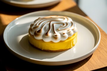 Delicious Lemon Meringue Tart or Pie with Toasted Meringue Swirl on White Plate, chocolate cake with cream
