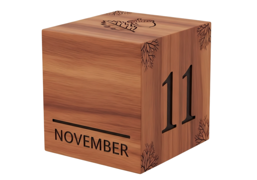 Wooden perpetual calendar block showing november 11 isolated on transparent background - Powered by Adobe