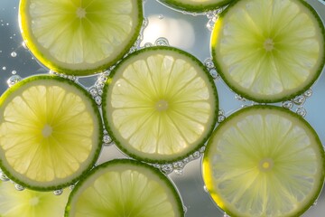Refreshing Close-Up of Translucent Lime Slices in Carbonated Water with Bubbles, lime slices background