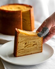 Serving Slice of Indonesian Layered Spekkoek or Lapis Legit Cake with Textured Layers, slice of cake