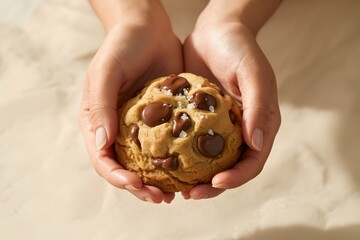 Pair of Hands Gently Holding a Large Gourmet Chocolate Chip Cookie with Sea Salt, hands holding cookies